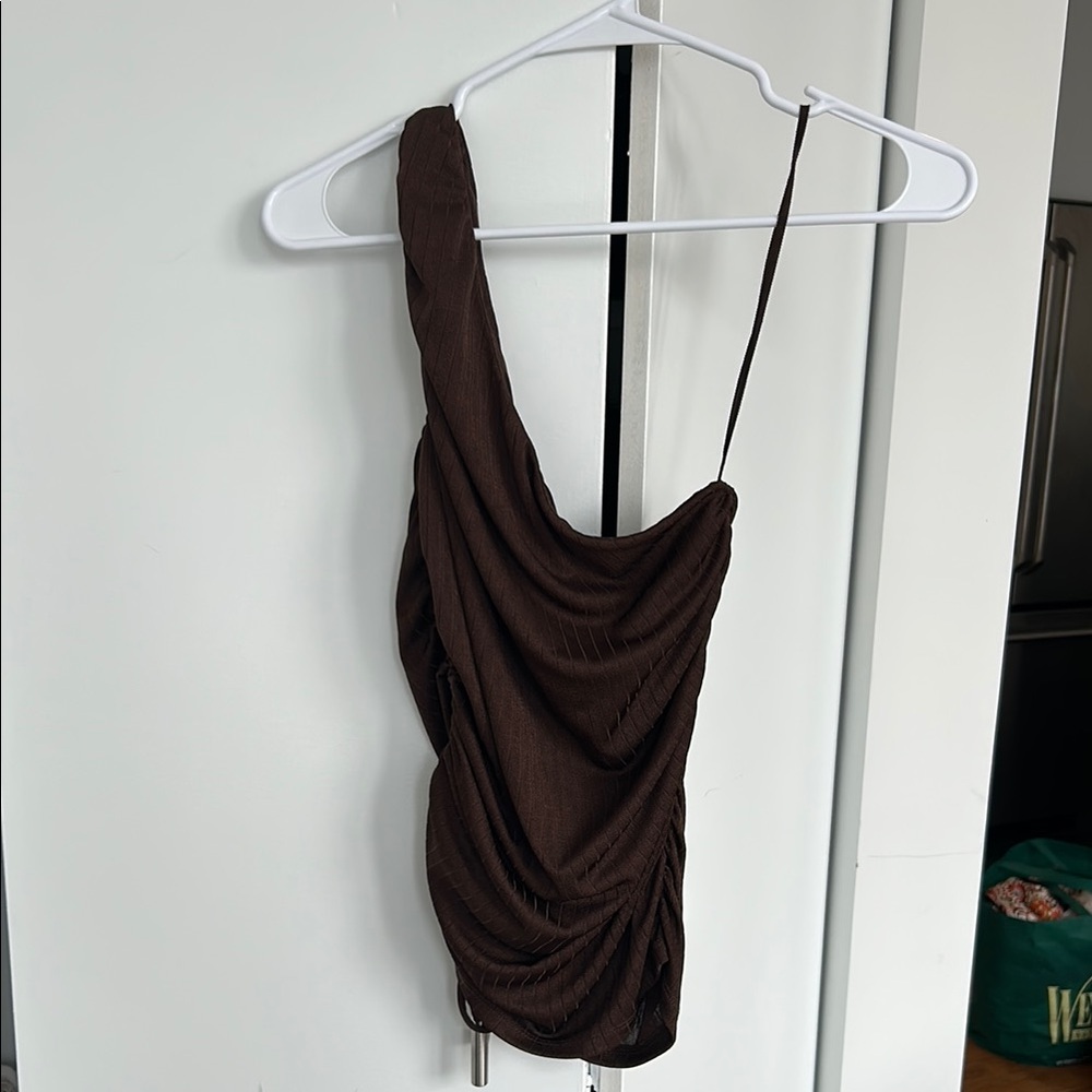 Chic Brown Draped One Shoulder Top- Line and Dot Small